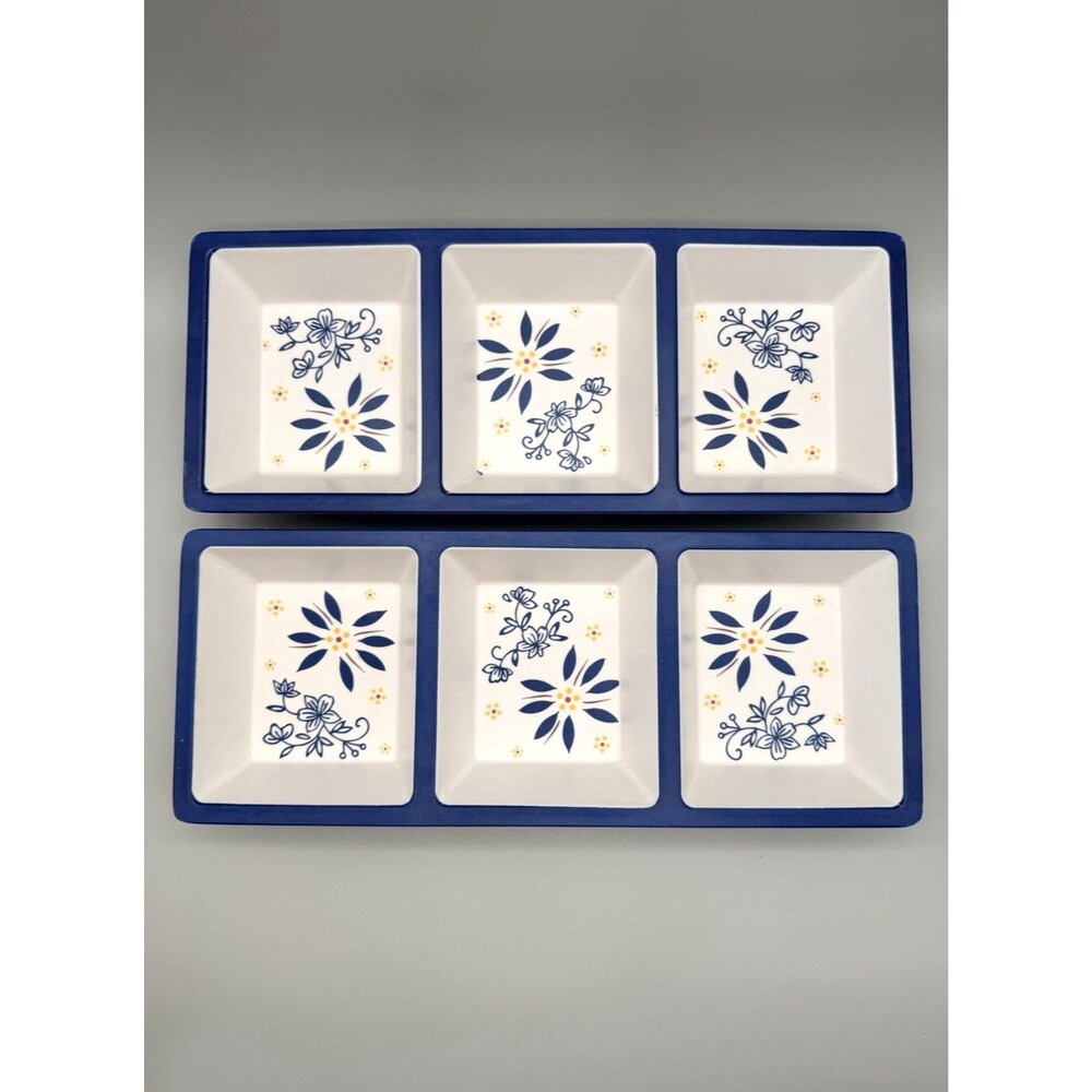 Temp-tations Old World Blue Melamine 3 Section Divided Serving Tray Set of 2